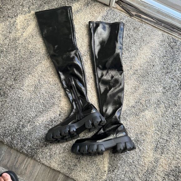 PRADA MONOLITH PATENT LEATHER BOOTS - Picture 2 of 5